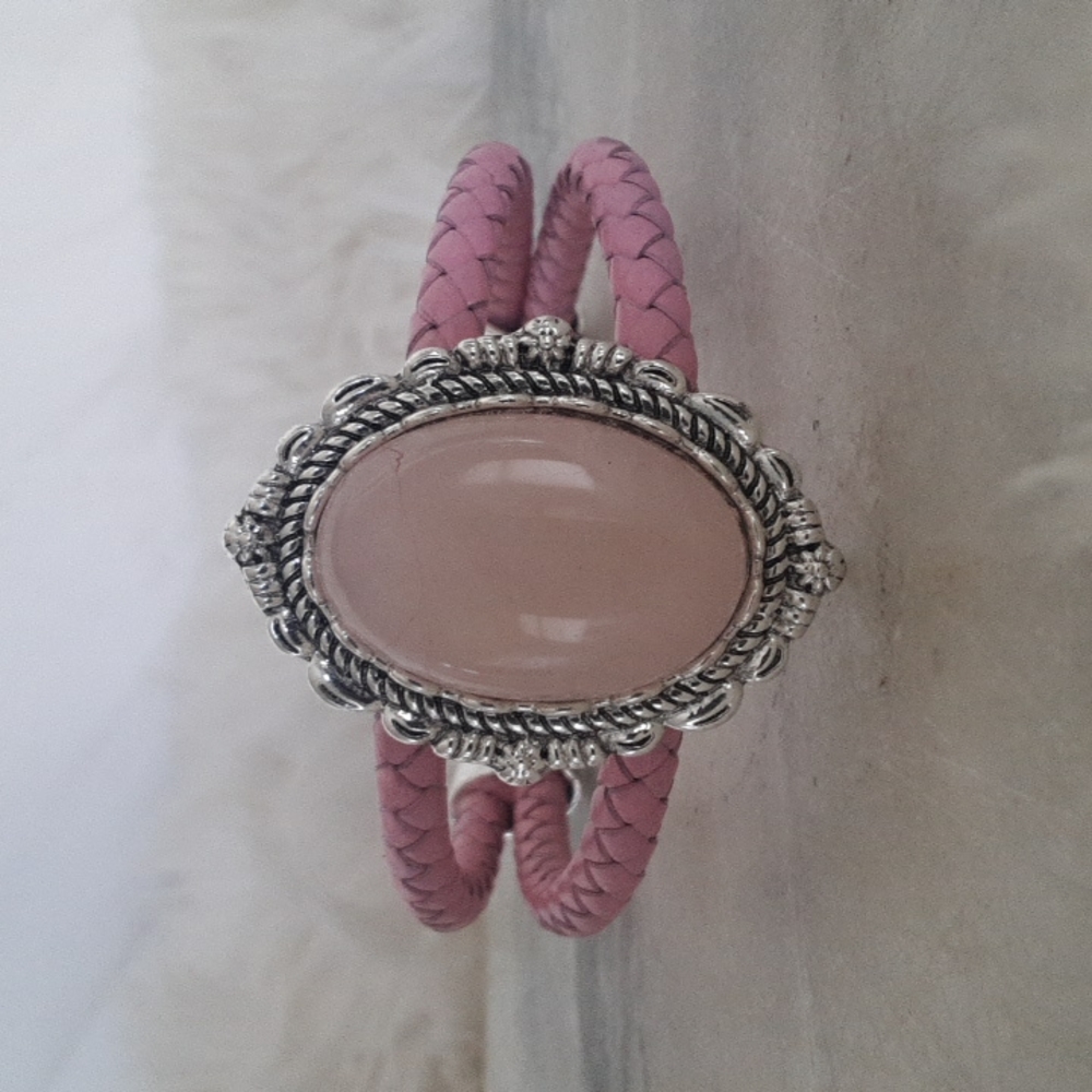 9 1/2" Faux Silver Rose Quartz and Pink Woven Vinyl Bracelet